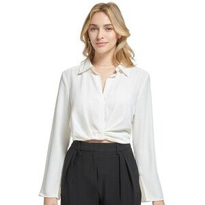 Calvin Klein Women's X-Fit Cropped Collared Long Sleeve Shirt Top Off White XXS